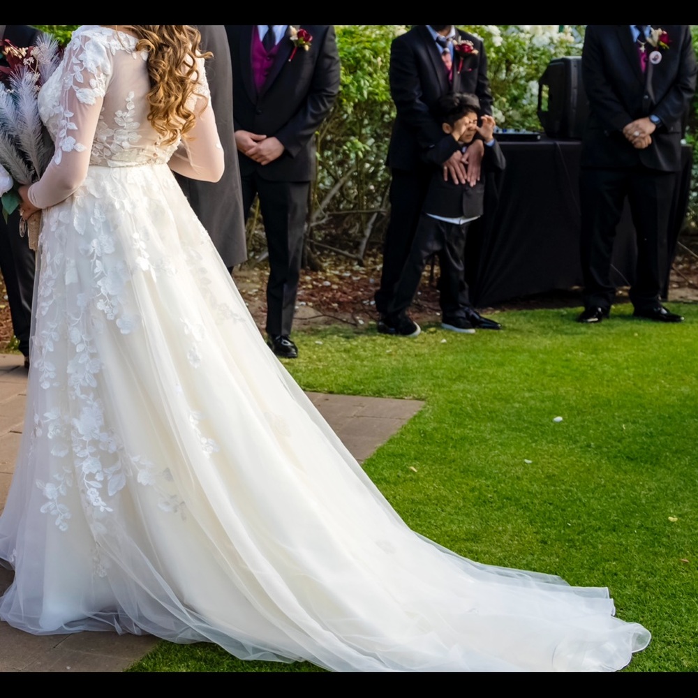 Elegant Ivory Long Sleeve Illusion Wedding Dress with Timeless Charm - Picture 10 of 11